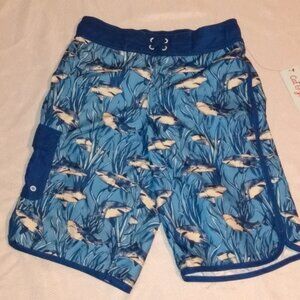 Cat & Jack Blue Fish Print Kids Swim Trunks